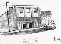 Drawing of theater with Pacer driving by